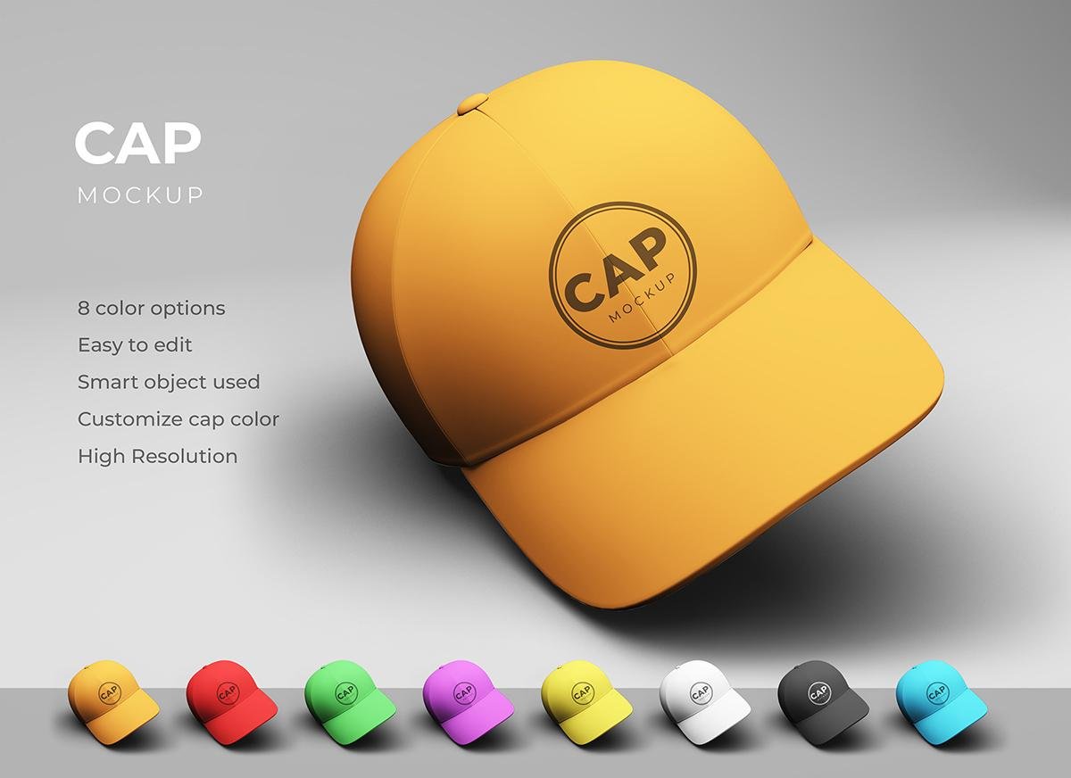 Baseball Cap Mockup – Floating Cap Branding Mockup with 8 Color Options