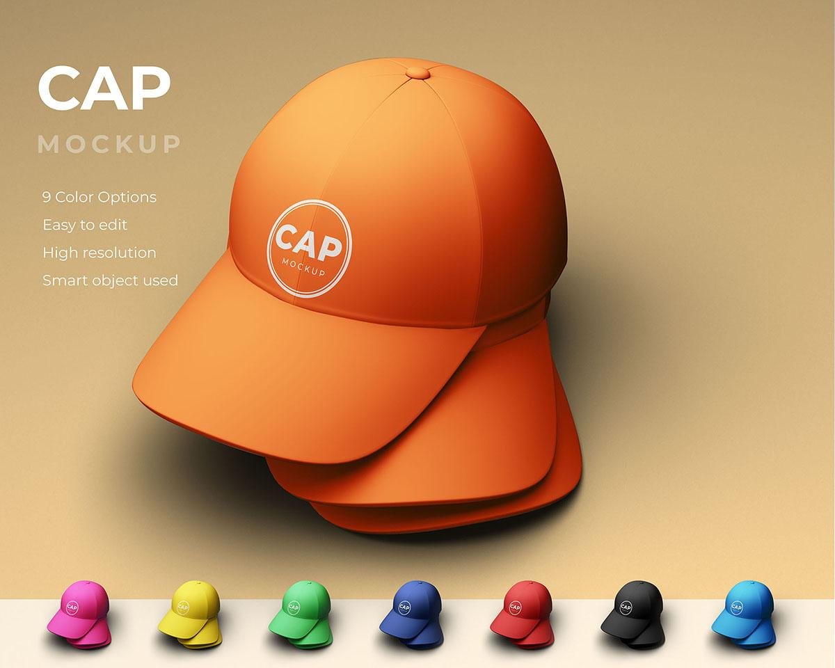 Baseball Cap Mockup – Stacked Cap Branding Mockup with 9 Color Variations