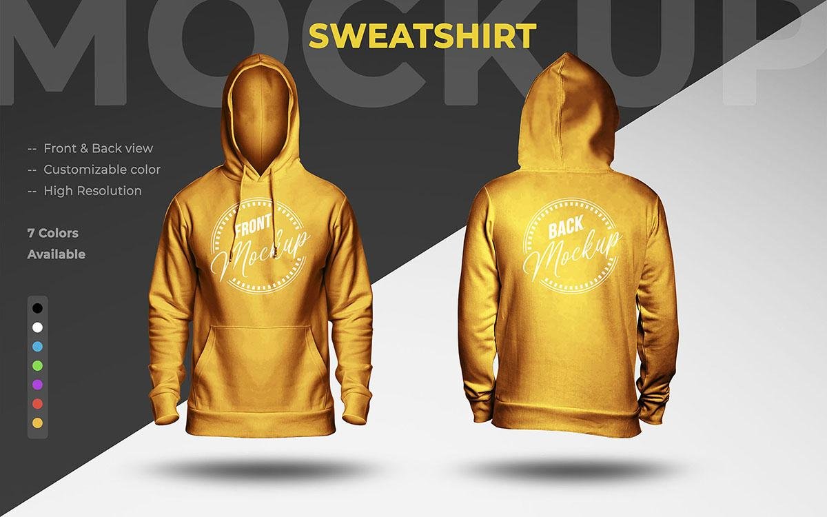 Hoodie Mockup – Front & Back Sweatshirt Mockup with 7 Color Options